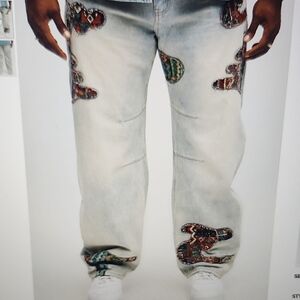 Fashion Nova Men's Gray Jeans with Colorful Patchwork